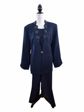 Ben Marc Navy Blue 3pc Pant Suit w/Iridescent Bead Accents Size 16